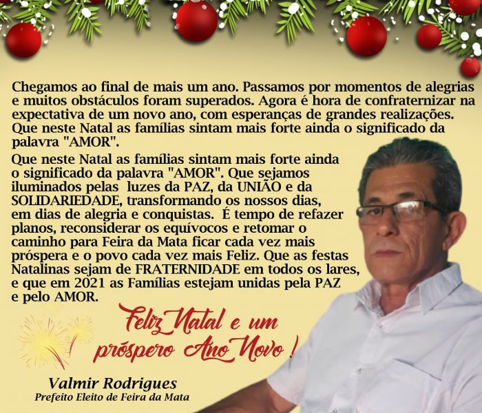 Mensagem de Natal do prefeito eleito de Feira da Mata, Valmir Rodrigues »  Alerta Bahia