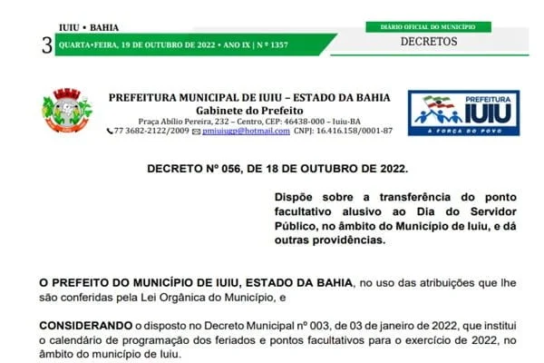 Prefeitura publica decreto que dispõe sobre feriados e pontos facultativos