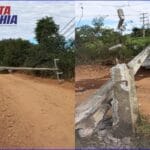 Queda de dois postes da rede de alta tensão provoca risco e falta de energia e água em Feira da Mata